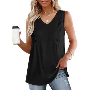 Women Casual Loose Solid Color Pleated V-Neck Tank Top