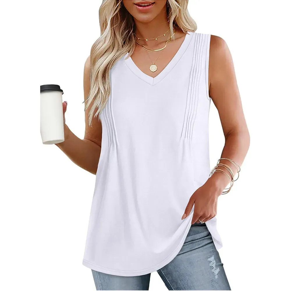 Women Casual Loose Solid Color Pleated V-Neck Tank Top - Image 2