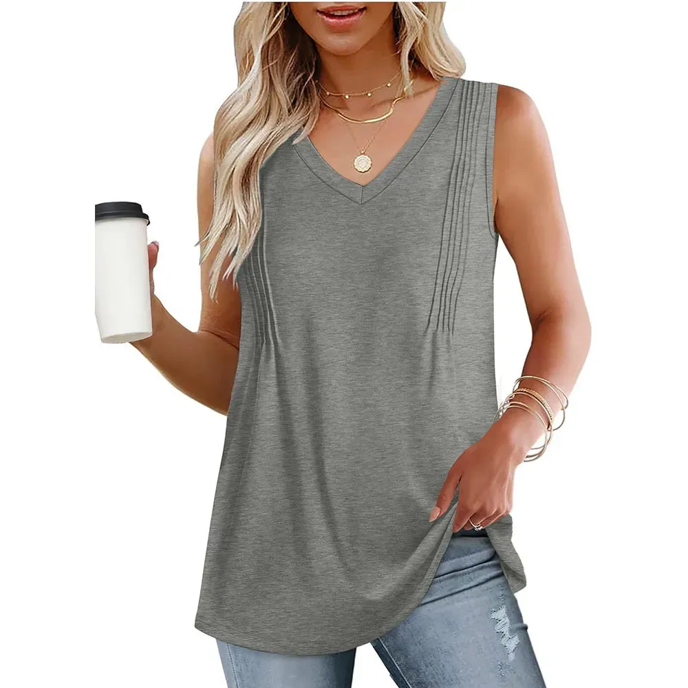 Women Casual Loose Solid Color Pleated V-Neck Tank Top - Image 5