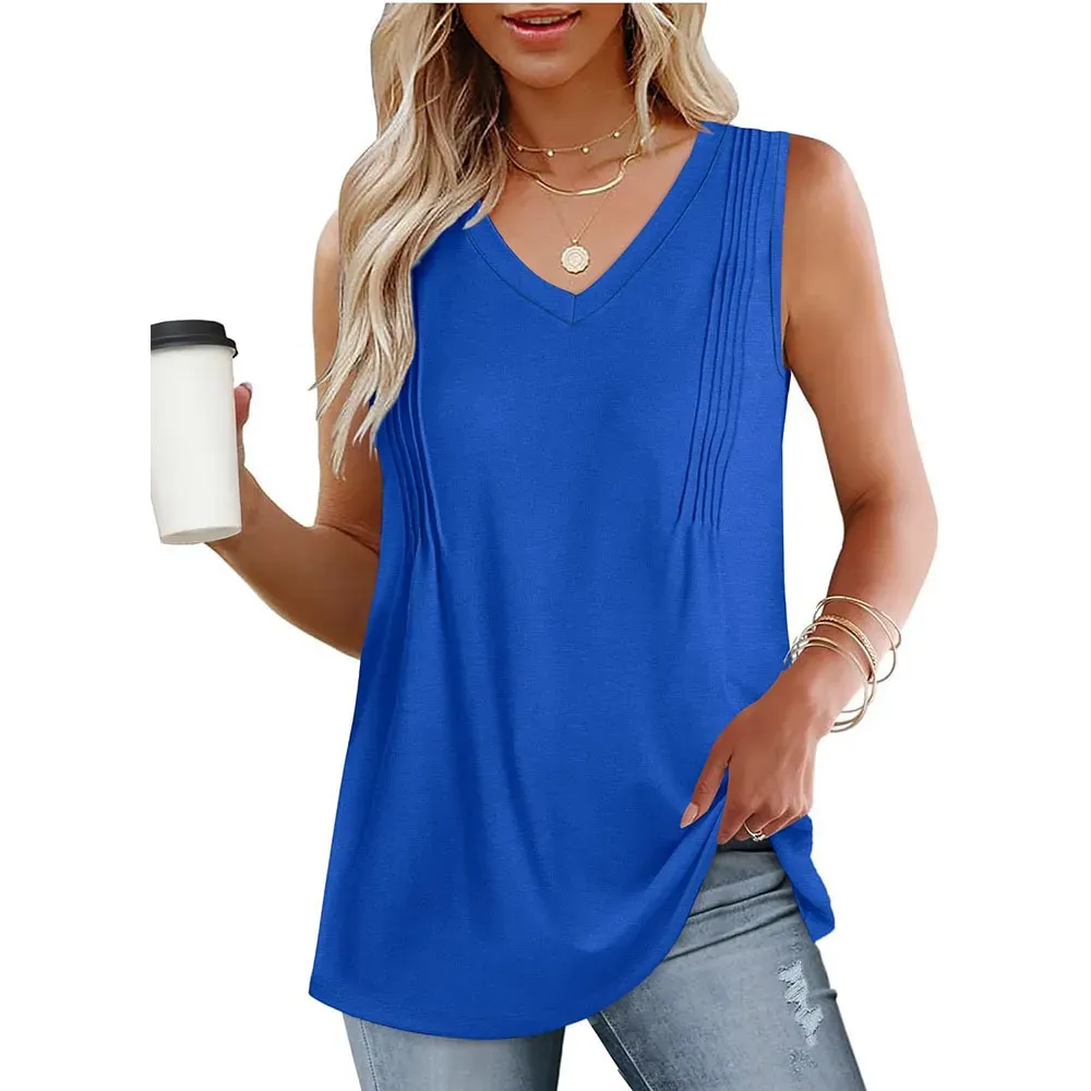 Women Casual Loose Solid Color Pleated V-Neck Tank Top - Image 7