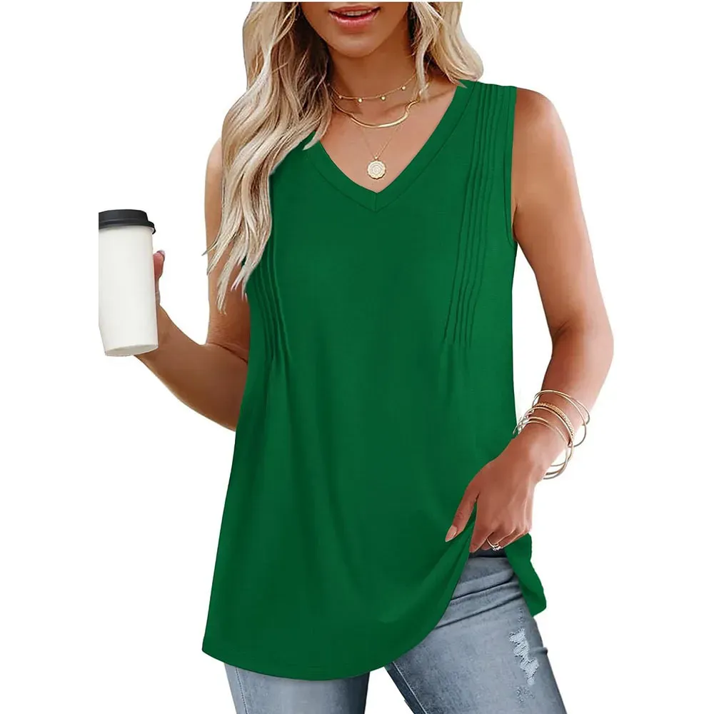 Women Casual Loose Solid Color Pleated V-Neck Tank Top - Image 8
