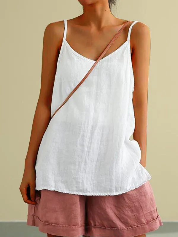 Women Casual Solid Color Cotton Linen Camisole - Image 5