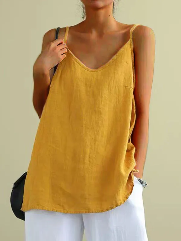 Women Casual Solid Color Cotton Linen Camisole - Image 7