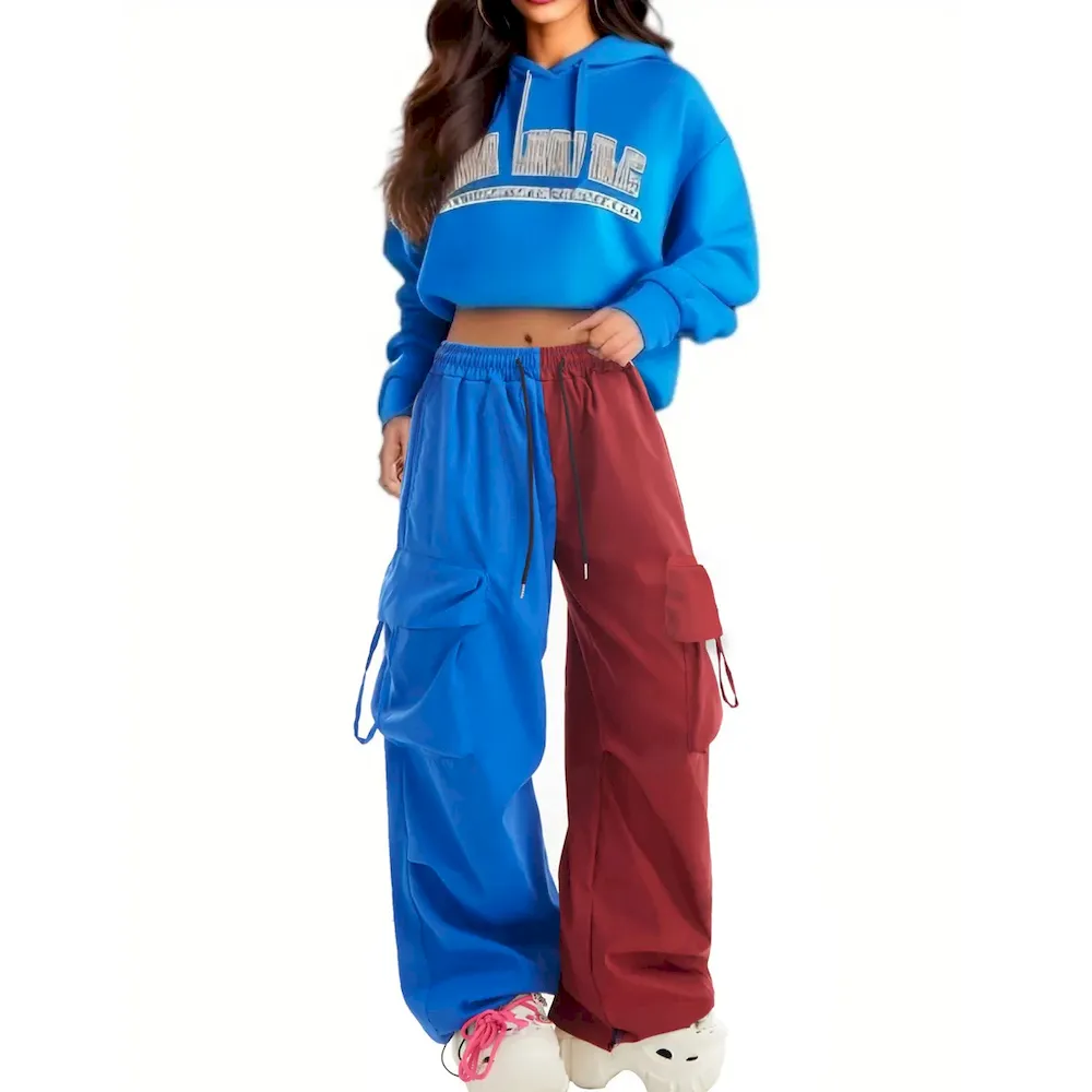 Women Fashion Casual Contrast Color Matching Drawstring Wide Leg Sports Pants