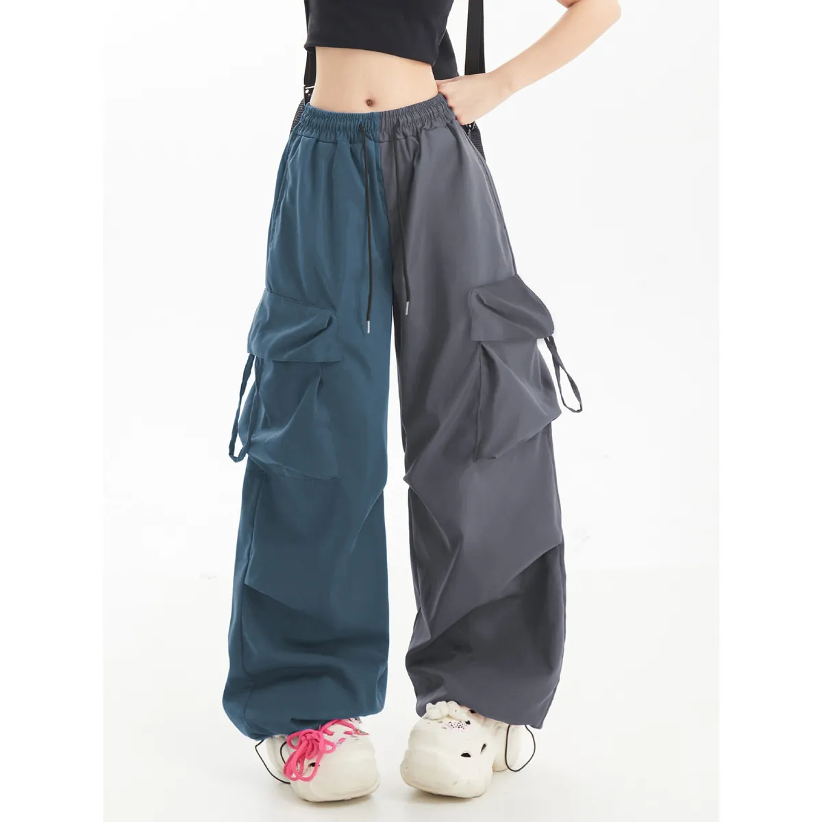 Women Fashion Casual Contrast Color Matching Drawstring Wide Leg Sports Pants - Image 4