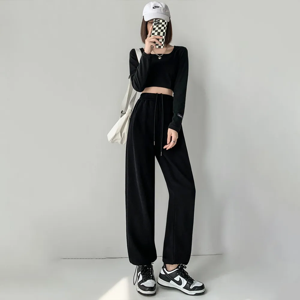 Women Casual Solid Color High Waist Drawstring Sports Pants