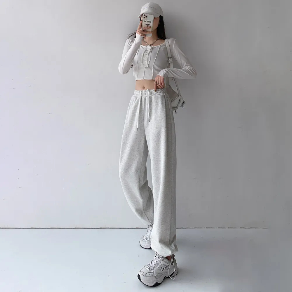 Women Casual Solid Color High Waist Drawstring Sports Pants - Image 3