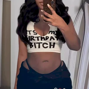 Women Fashion Sexy Letter Printed V-Neck Sleeveless Crop Top