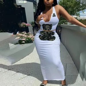 Women Fashion Sexy Bear Printed Deep-V Neck Sleeveless Crop Top Tight Skirt Two-Piece Set