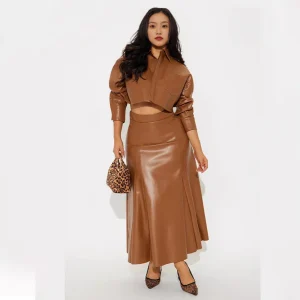 Women Fashion Sexy Pu Leather Lapel Long-Sleeve Top High-Waist Skirt Two-Piece Set