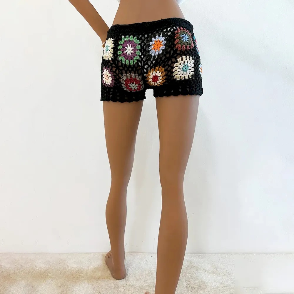 Women Fashion Casual Vacation Patchwork Drawstring Knitted Hollow-Out Shorts - Image 2