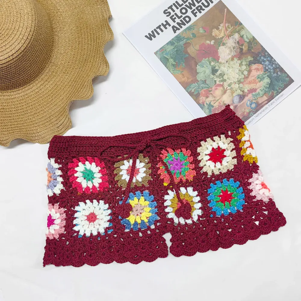 Women Fashion Casual Vacation Patchwork Drawstring Knitted Hollow-Out Shorts - Image 6