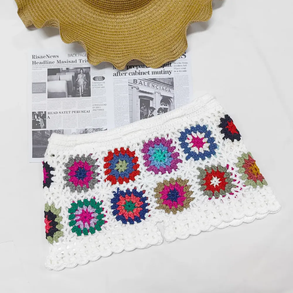 Women Fashion Casual Vacation Patchwork Drawstring Knitted Hollow-Out Shorts - Image 7