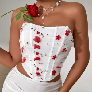 Women Fashion Sexy Floral Embroidered Fish Bone Tube Top
