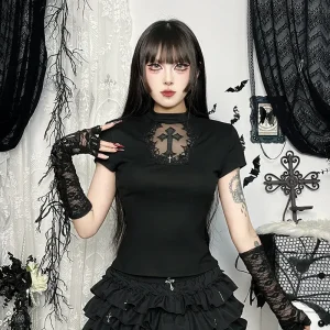 Women Fashion Sexy Gothic Cross Lace Splice Short Sleeve T-Shirt