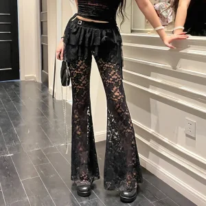 Women Fashion Sexy Irregular Gothic Lace Hollow-Out Skirt Patchwork Pants