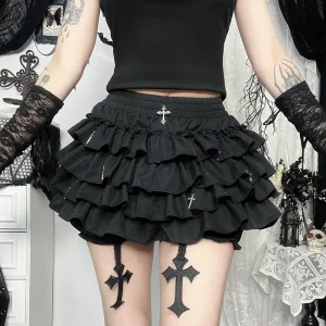 Women Fashion Sexy Gothic Cross Pendant Pleated Culottes