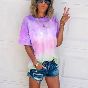 Women Casual Loose Tie-Dye Gradient Printed Round Neck T-Shirt