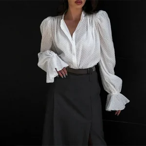 Women Fashion Elegant Solid Color Jacquard Puff Sleeve Single Breasted Blouse