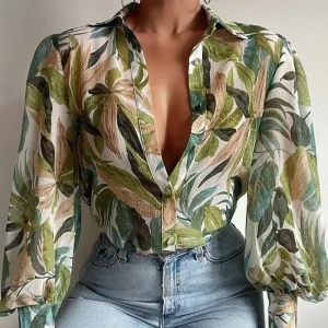 Women Fashion Casual Plant Printed Lapel Lantern Sleeve Blouse