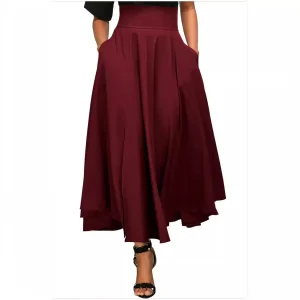 Women Fashion Casual Solid Color High Waist Pocket Pleated Skirt