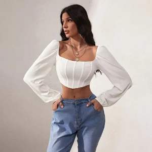 Women Fashion Sexy Casual Pleated Long-Sleeved Crop Top