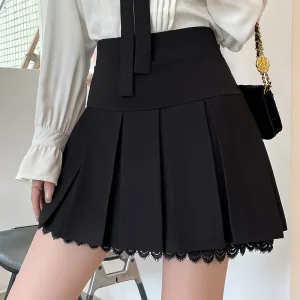 Women Fashion Solid Color Lace Pleated Skirt