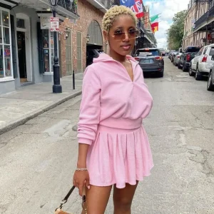 Women Fashion Casual Solid Color Velvet V-Neck Long-Sleeve Top Pleated Skirt Two-Piece Set