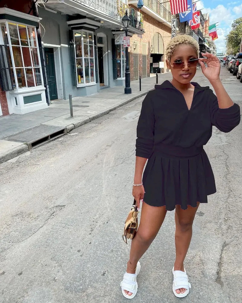 Women Fashion Casual Solid Color Velvet V-Neck Long-Sleeve Top Pleated Skirt Two-Piece Set - Image 2