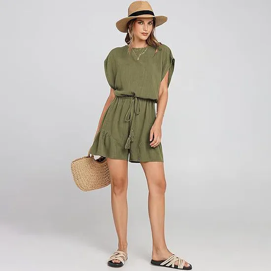 Women Casual Solid Color Cotton Linen Short-Sleeved Drawstring Lace-Up Rompers