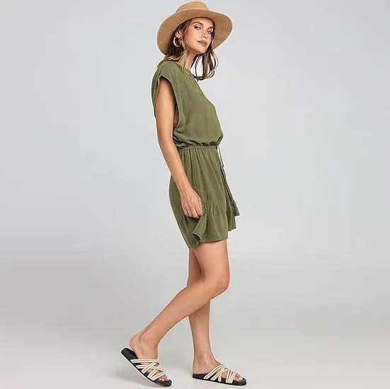 Women Casual Solid Color Cotton Linen Short-Sleeved Drawstring Lace-Up Rompers - Image 2