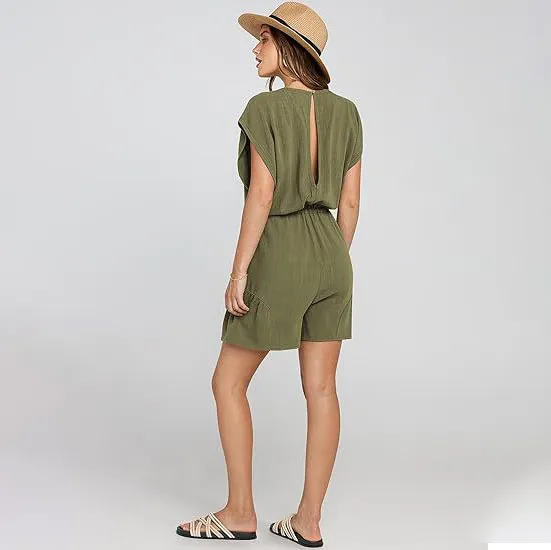 Women Casual Solid Color Cotton Linen Short-Sleeved Drawstring Lace-Up Rompers - Image 3