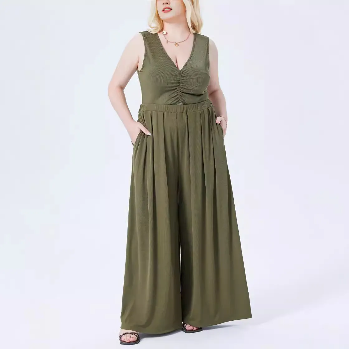 Women Casual Plus Size Solid Color Loose Elastic-Waist Pants