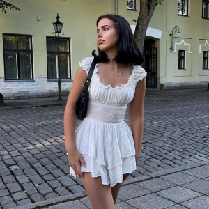 Women Fashion Elegant Solid Color Cotton And Linen Short-Sleeved Off-Shoulder Tight Waist Dress