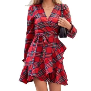 Women Fashion Casual Plaid Printed V-Neck Bubble Sleeve Lace-Up Ruffled Dress