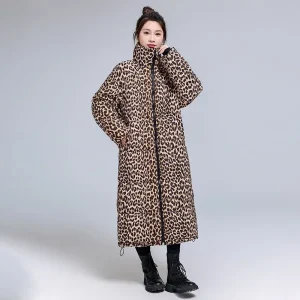 Winter Cotton-Padded Long Knee-Length Thickened Leopard Warm Down Coat