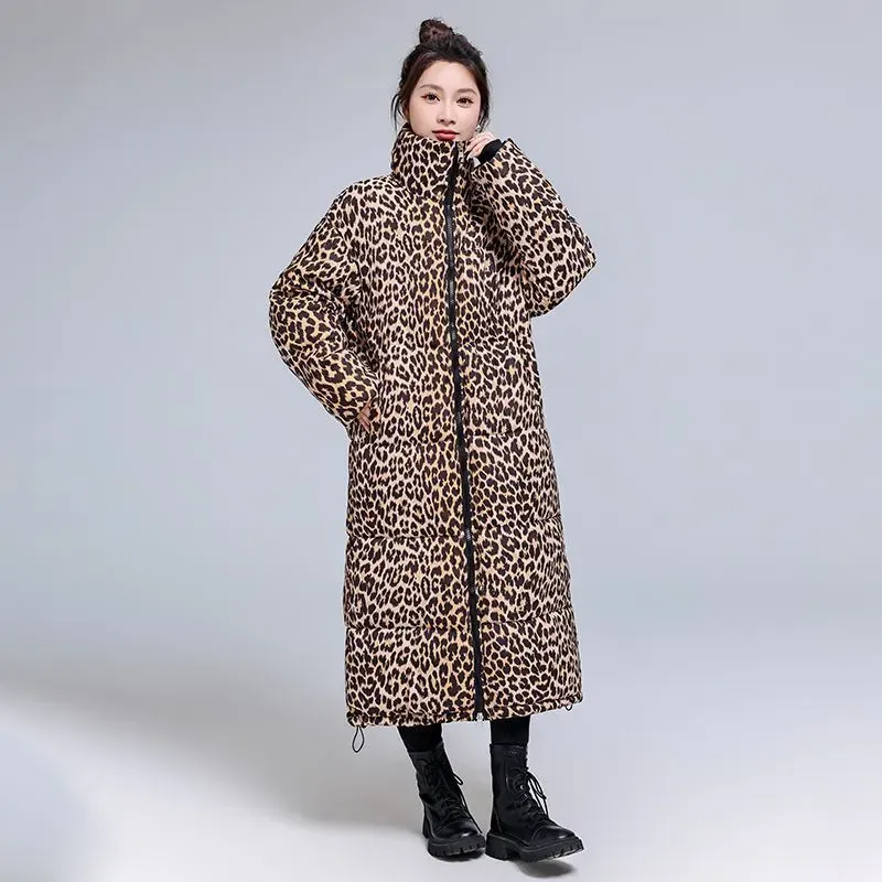 Winter Cotton-Padded Long Knee-Length Thickened Leopard Warm Down Coat