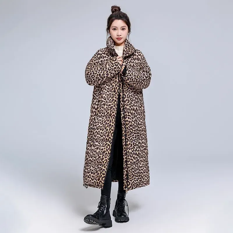 Winter Cotton-Padded Long Knee-Length Thickened Leopard Warm Down Coat - Image 2
