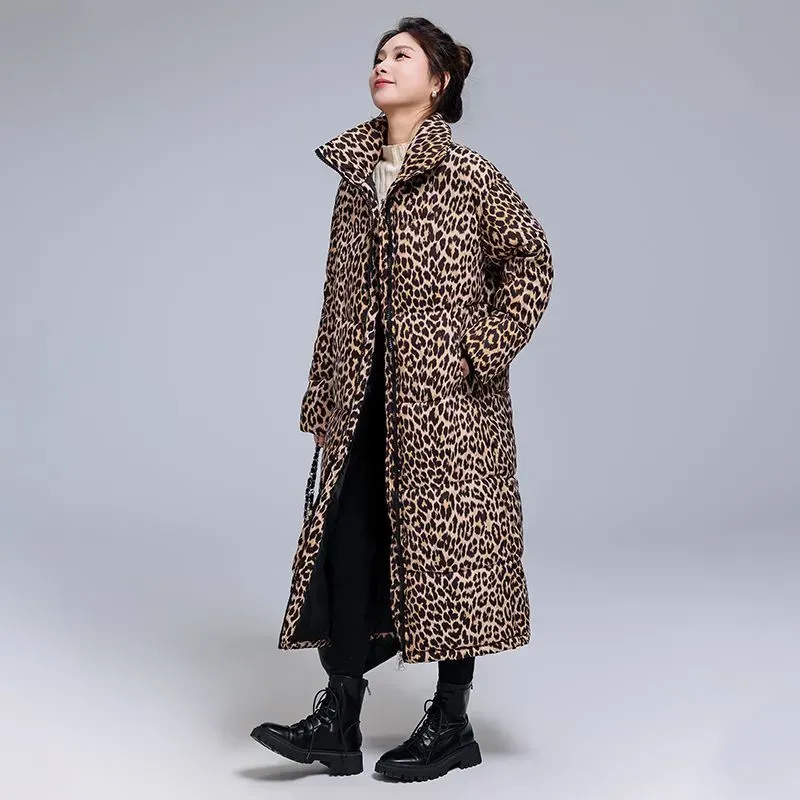 Winter Cotton-Padded Long Knee-Length Thickened Leopard Warm Down Coat - Image 3