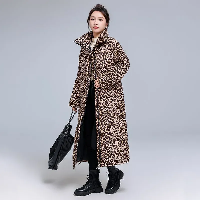 Winter Cotton-Padded Long Knee-Length Thickened Leopard Warm Down Coat - Image 4