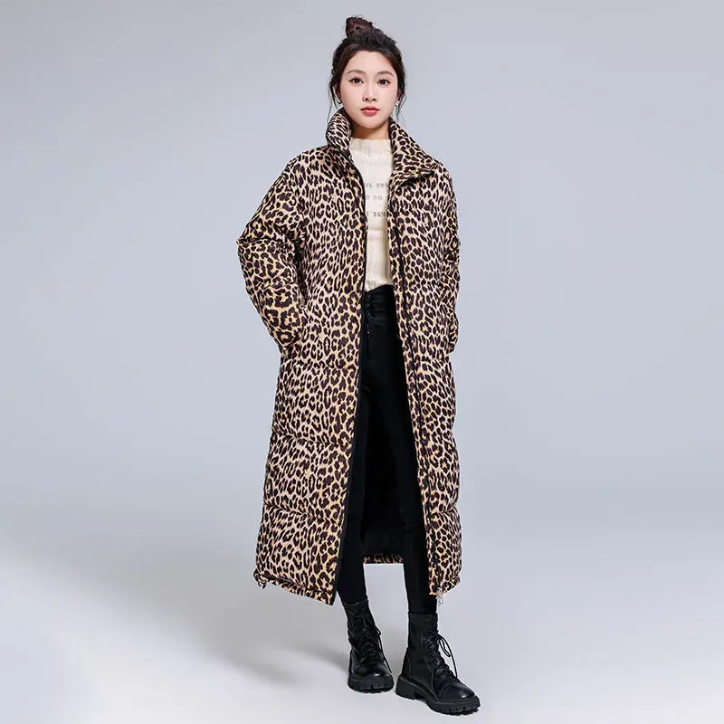 Winter Cotton-Padded Long Knee-Length Thickened Leopard Warm Down Coat - Image 5